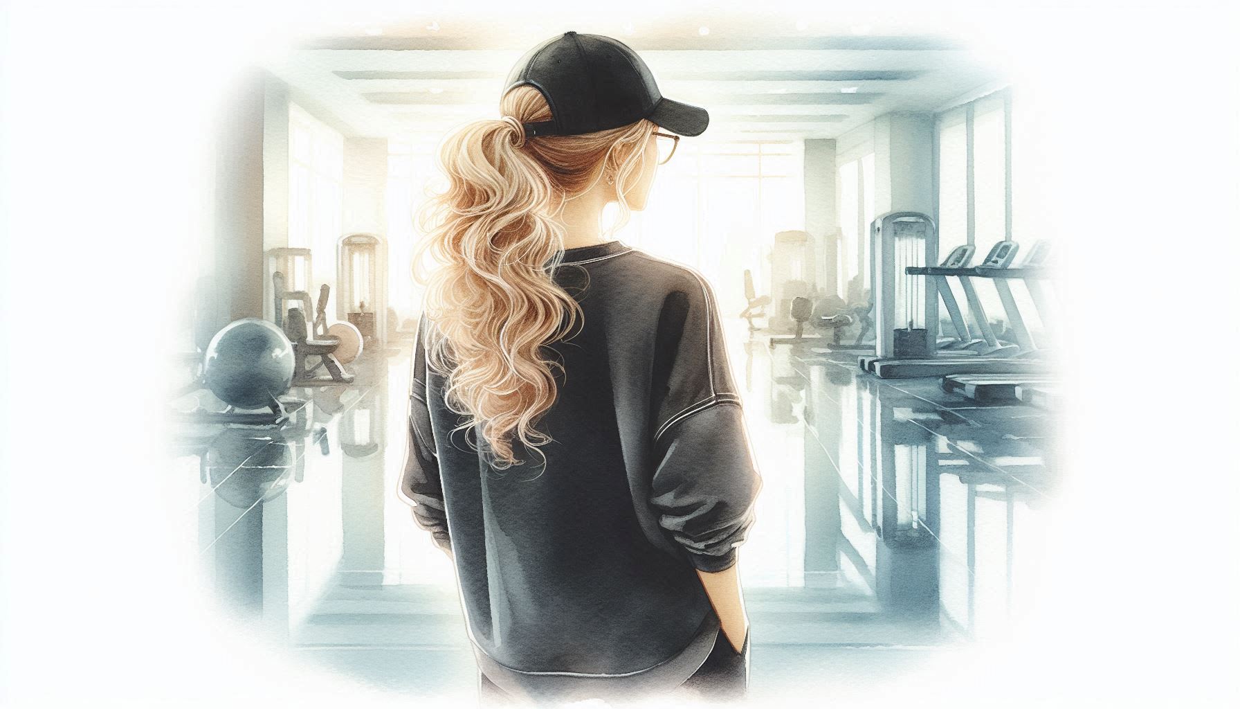 Watercolor image of woman facing the gym
