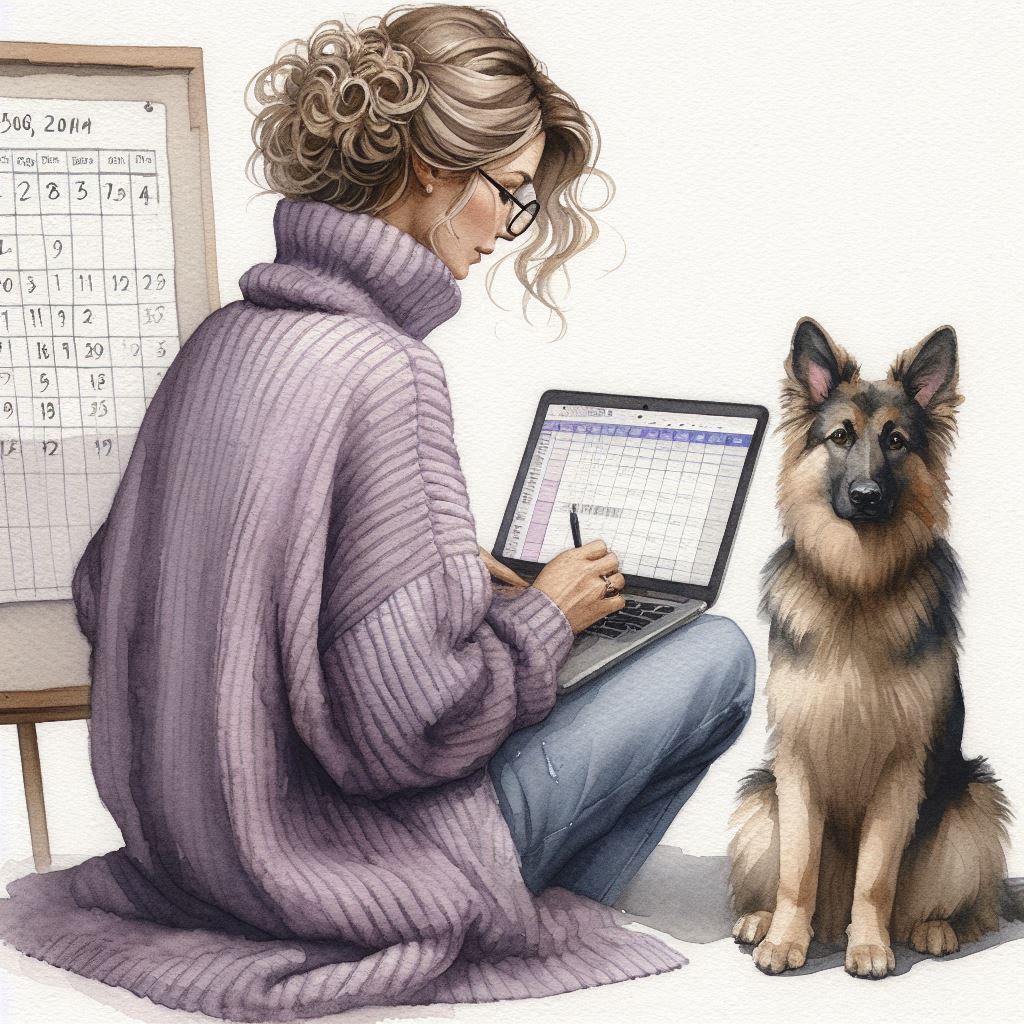 Woman sitting with dog working on planning trips and other activities via a digital calendar on her laptop